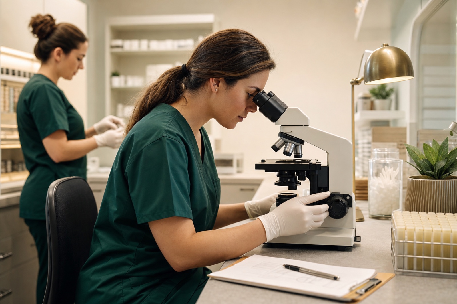 Veterinary laboratory professional examining a diagnostic slide under a microscope