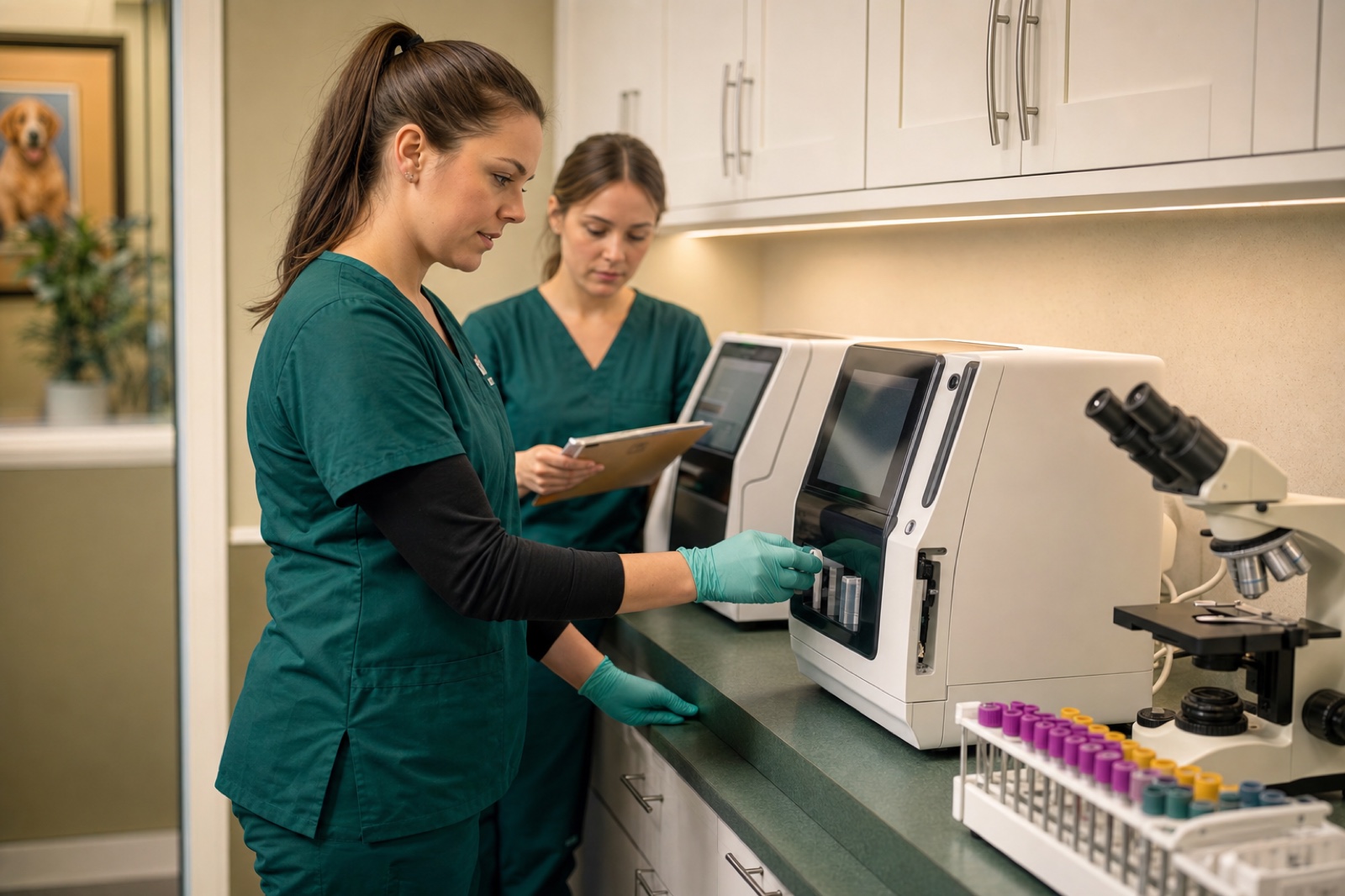 Veterinary technician processing diagnostic tests in the hospital laboratory