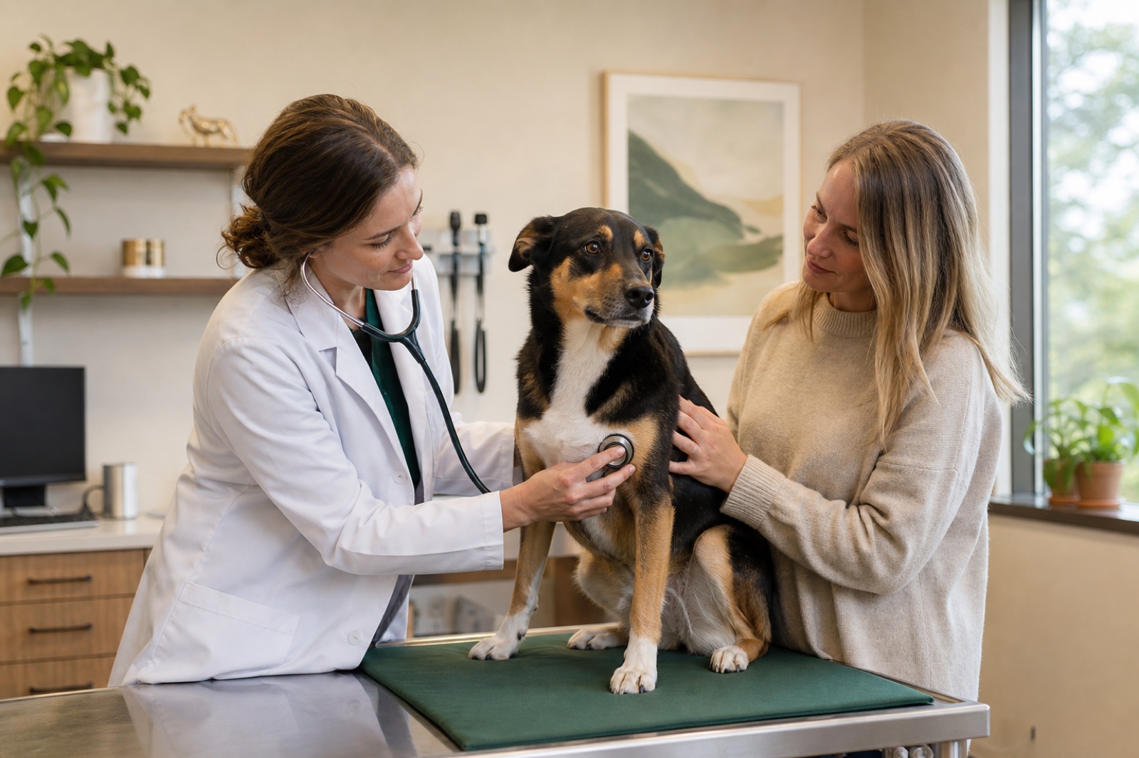 Veterinarian performing a thorough internal medicine examination on a dog